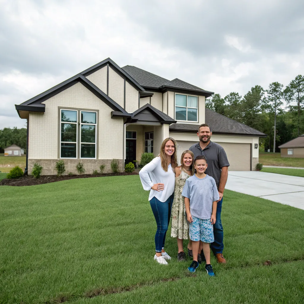 The Davis family standing in front of their newly constructed house