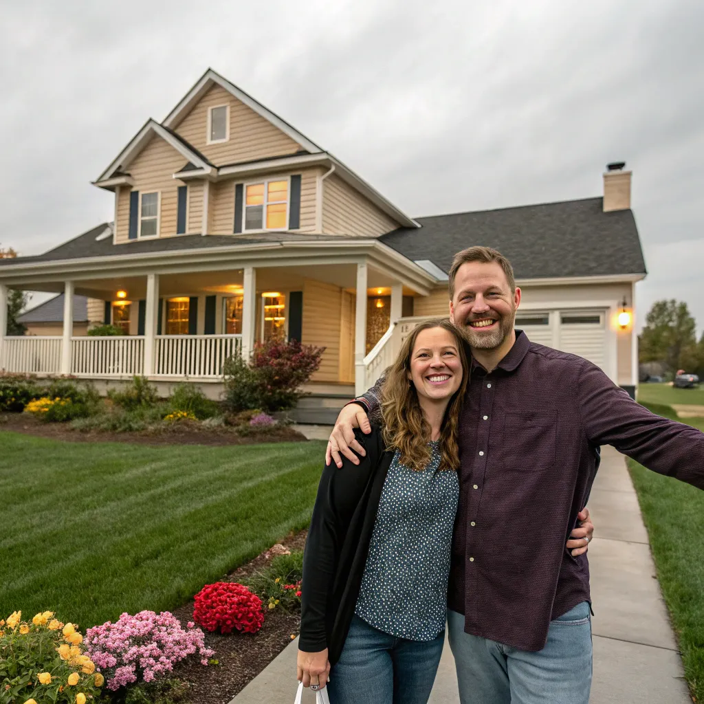 Jennifer and Mark smiling at their new home